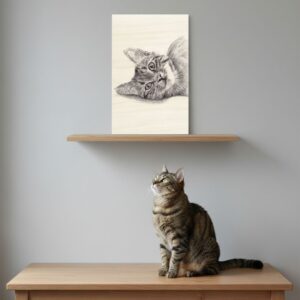 portrait de chat au stylo bic imprimé sur bois fsc