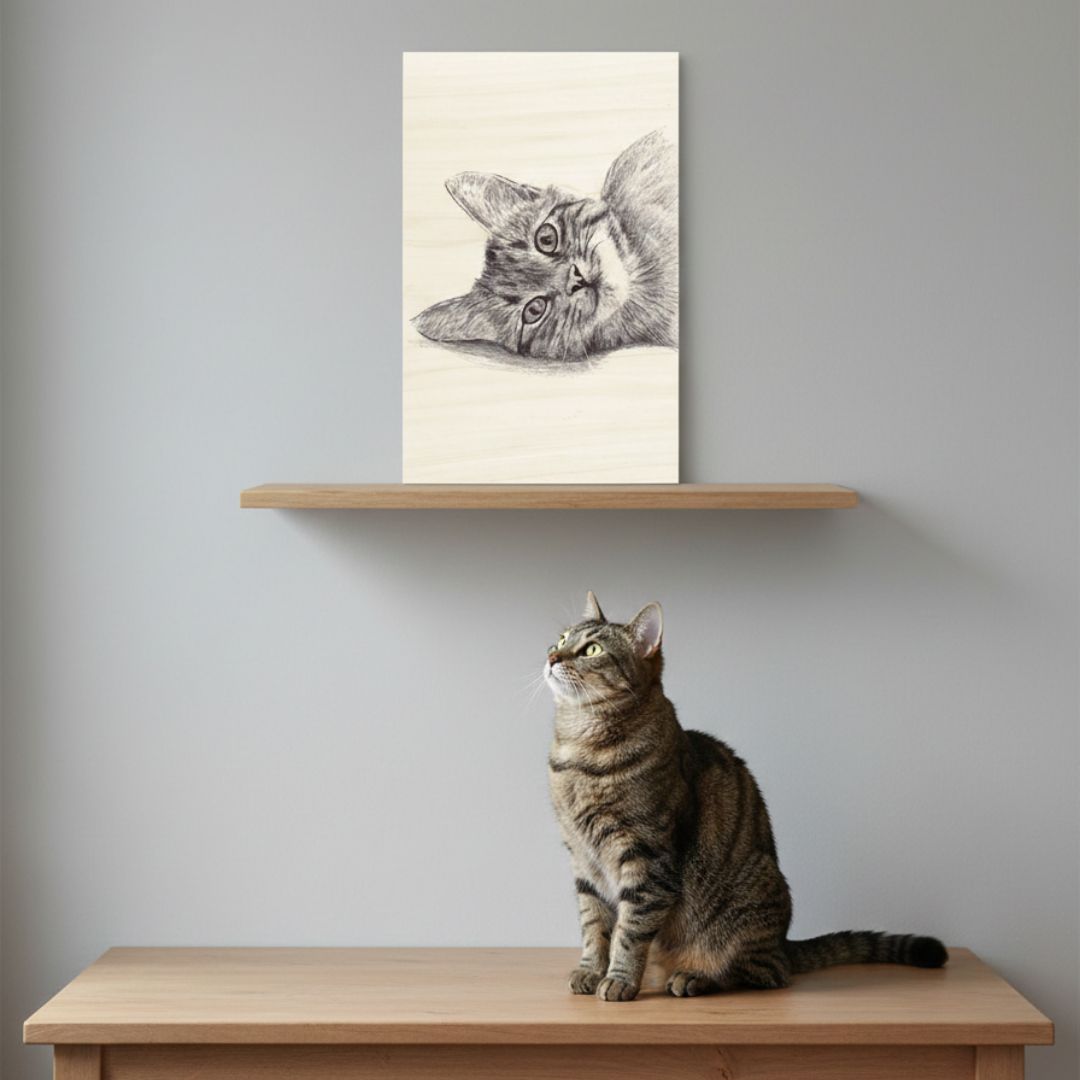 portrait de chaton au stylo bic imprimé sur bois FSC