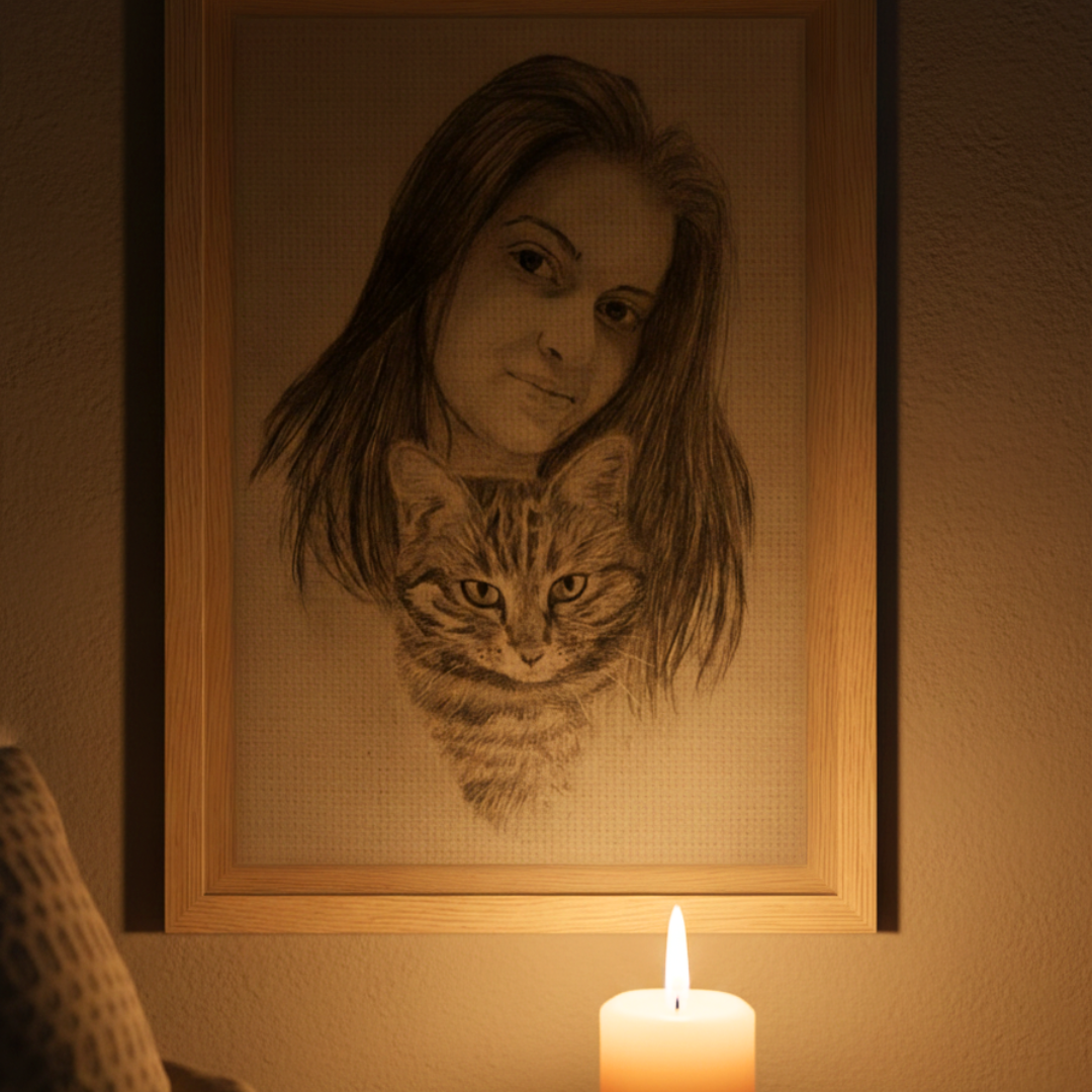 portrait femme et son chat au crayon imprimé sur toile encadrée fsc