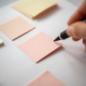des posts-it couleur pastel sur une table avec un stylo prêt à écrire