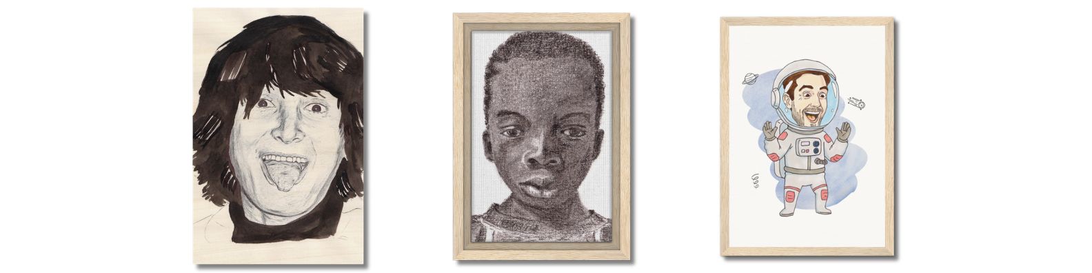 bannière avec portrait femme BIC, portrait enfant graphite et portrait homme couleur style comics