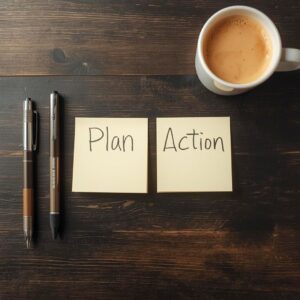 bureau avec posts-it: "plan" et "action", avec un café à côté
