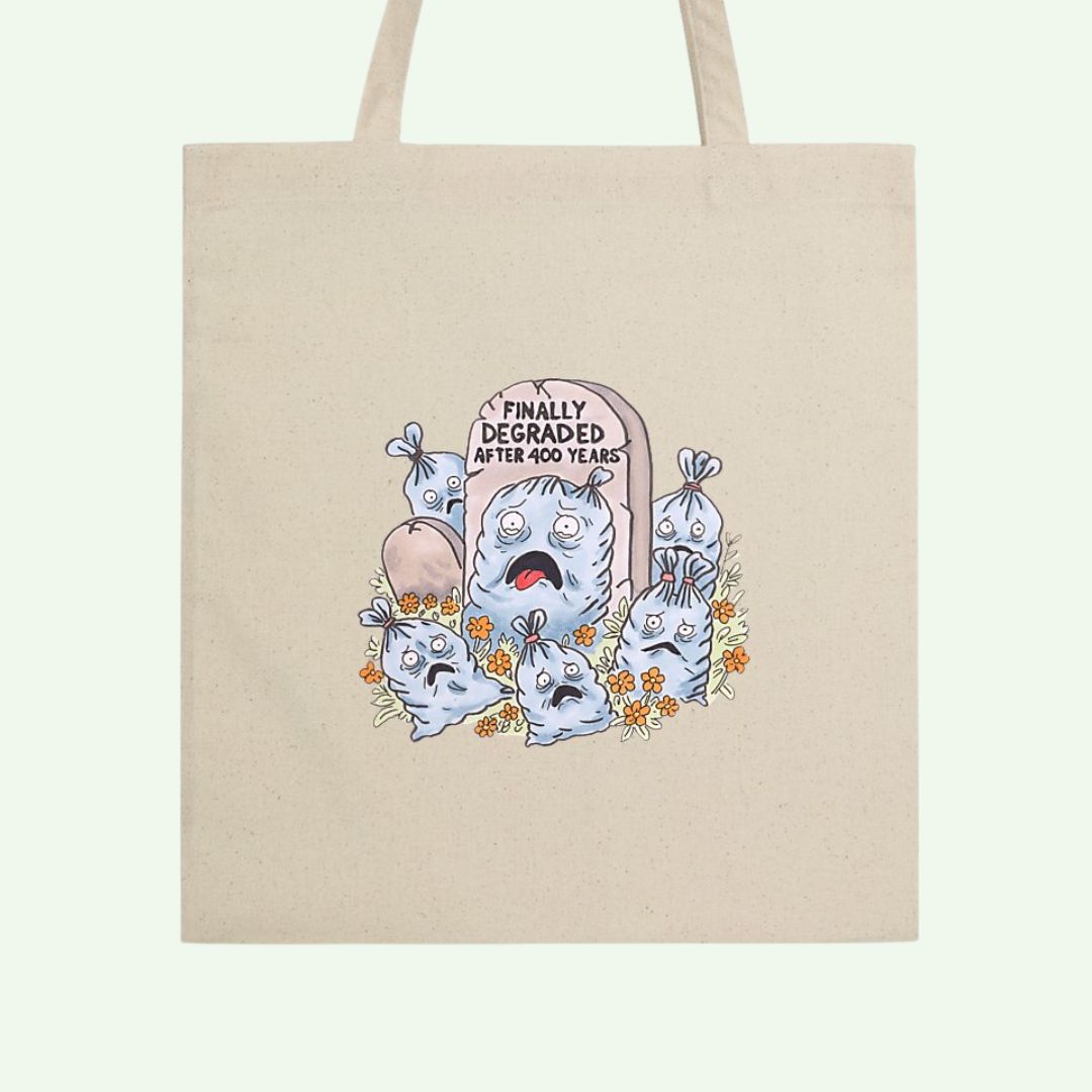 totebag écolo illustration poubelles "finally degraded"